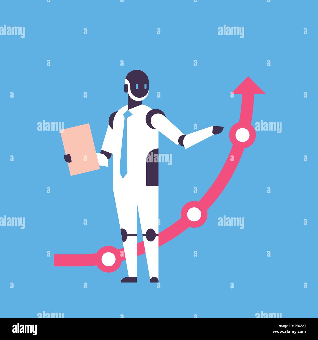 Moderne Roboter holding Pfeil nach oben Finanzen Schutzkonzept künstliche Intelligenz blauer Hintergrund Flachbild in voller Länge Stock Vektor
