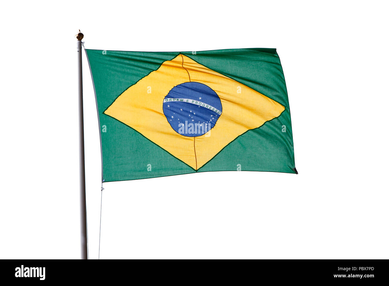 Die Nationalflagge der Föderativen Republik Brasilien isoliert auf weißem Hintergrund. Stockfoto