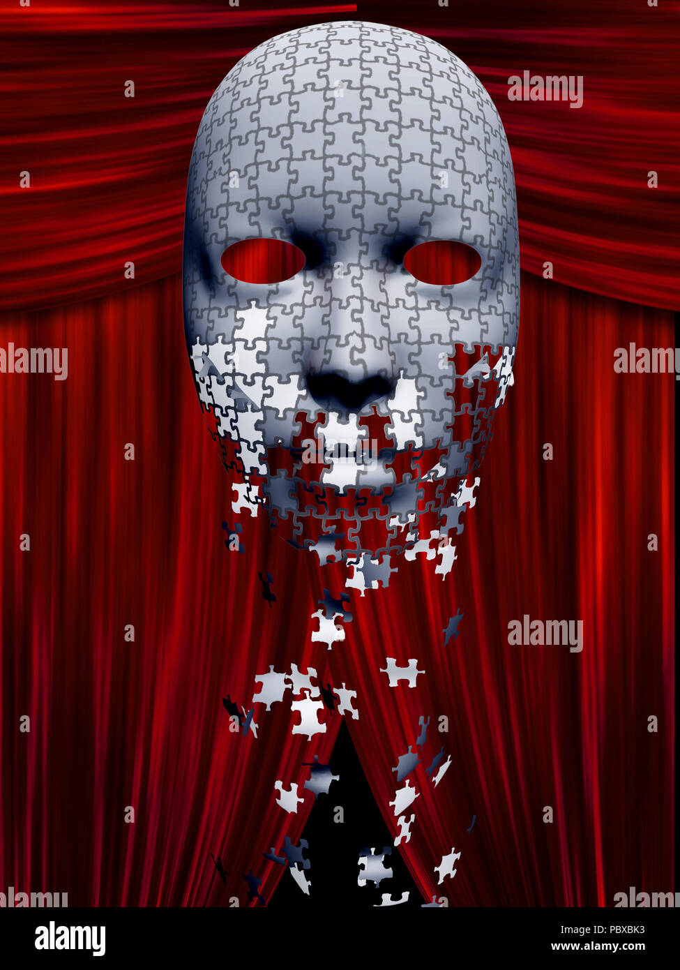 Puzzleteile fallen weg von Maske in Theater Hintergrund mit roten Vorhängen Stockfoto