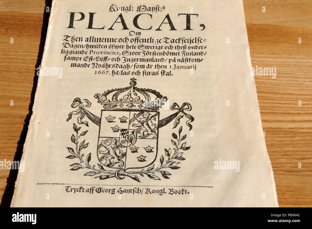 Kongliga Majestets Placat, Om dann och offentlige allmenne Tackseijelse - Dagar, Swerige htvilken över hele och Thess underliggiande Provincier, Stoorfö Stockfoto