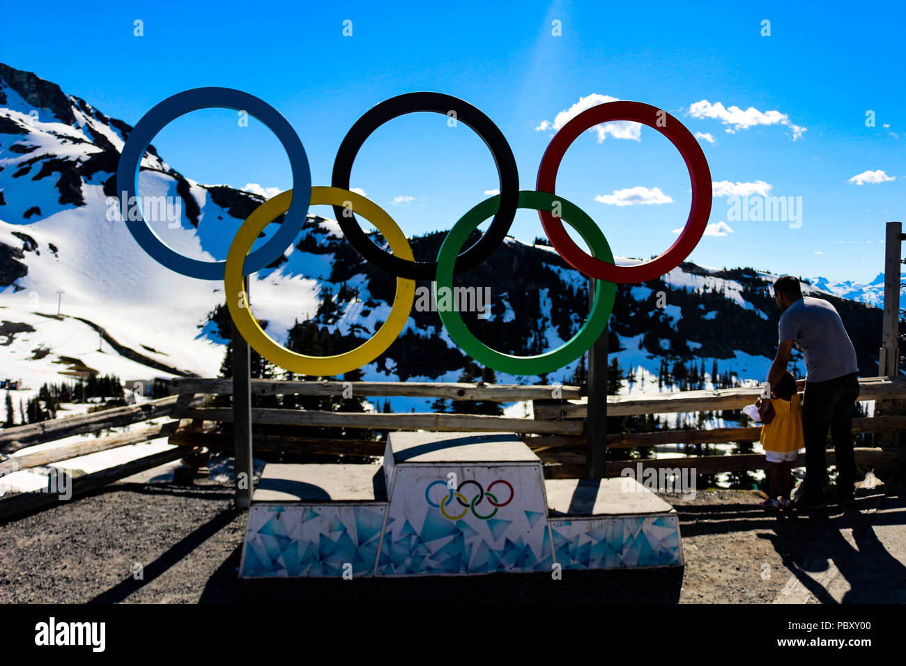 Olympischen Ringe auf der Oberseite des Blackcomb Mountain in Whistler, British Columbia, 20. Juni 2018 Stockfoto