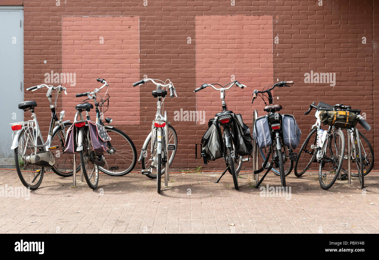Sieben Fahrräder in der Nähe einer Wand geparkt in Holland Stockfoto