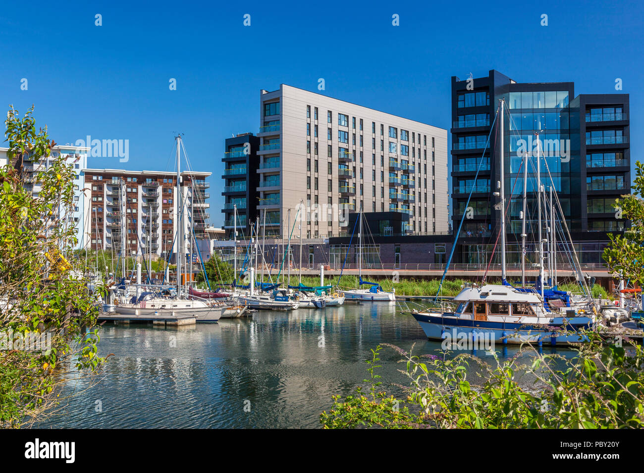 Moderne Apartments, Cardiff Bay, Wales, Großbritannien Stockfoto