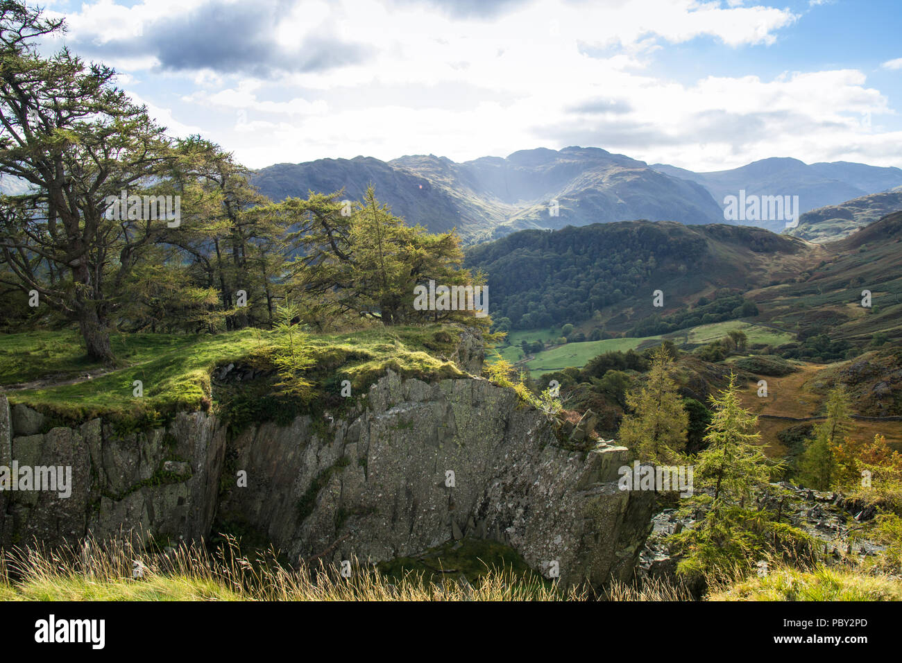 Schloss Crag, Lake District National Park, Großbritannien. Borger Dalr Geologie, Borrowdale-tal Stockfoto