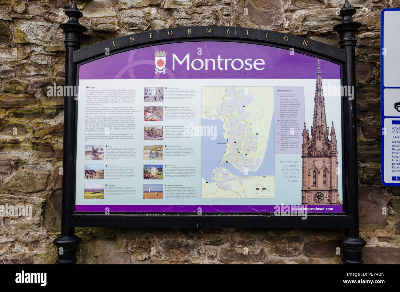 Eine Touristische Karte von Montrose in Schottland zeigen, Orte von Interesse zu besichtigen. Stockfoto