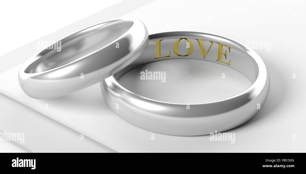 Liebe und Ehe. Paar goldenen Platin Trauringe auf weißem Hintergrund, liebe Text graviert, 3D-Darstellung Stockfoto