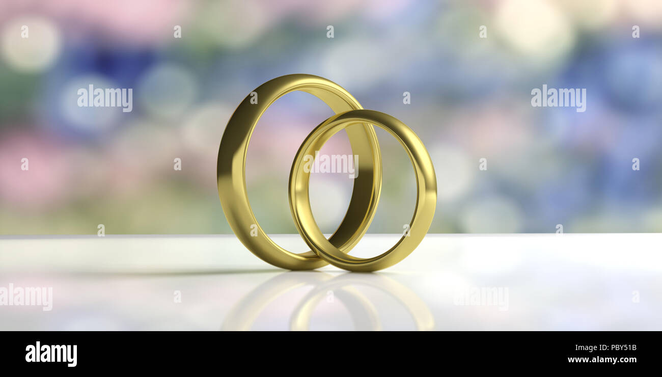 Paar goldene Hochzeit Ringe am weißen Tisch isoliert, Blur pastellfarbenen Hintergrund, Detailansicht, 3 Abbildung d Stockfoto