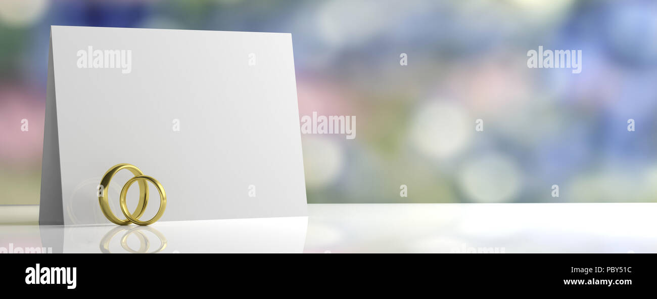 Hochzeit Einladung. Paar goldene Hochzeit Ringe und eine leere Karte auf weißem Hintergrund isoliert, Blur in Pastellfarben, Banner, kopieren Sie Raum, 3 Abbildung d Stockfoto