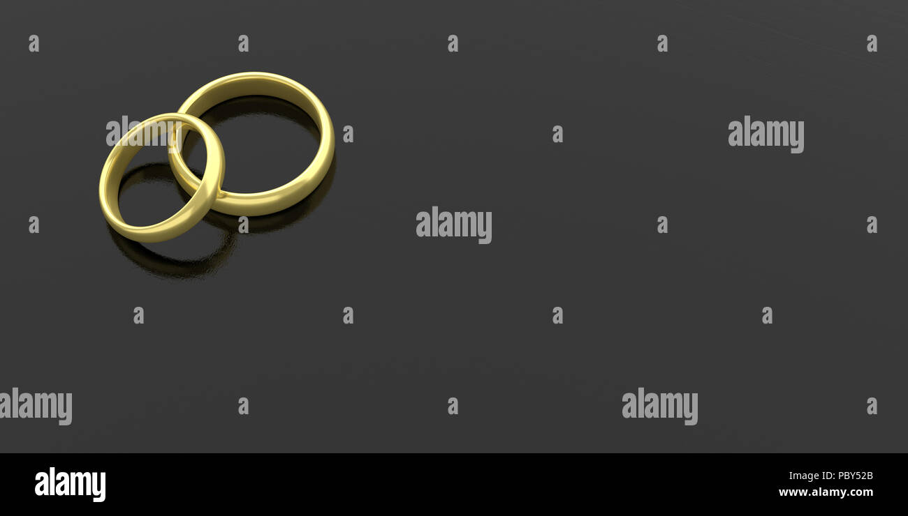 Paar goldene Hochzeit Ringe auf schwarzem Hintergrund Holz, Banner, isoliert, Kopie, 3 Abbildung d Stockfoto