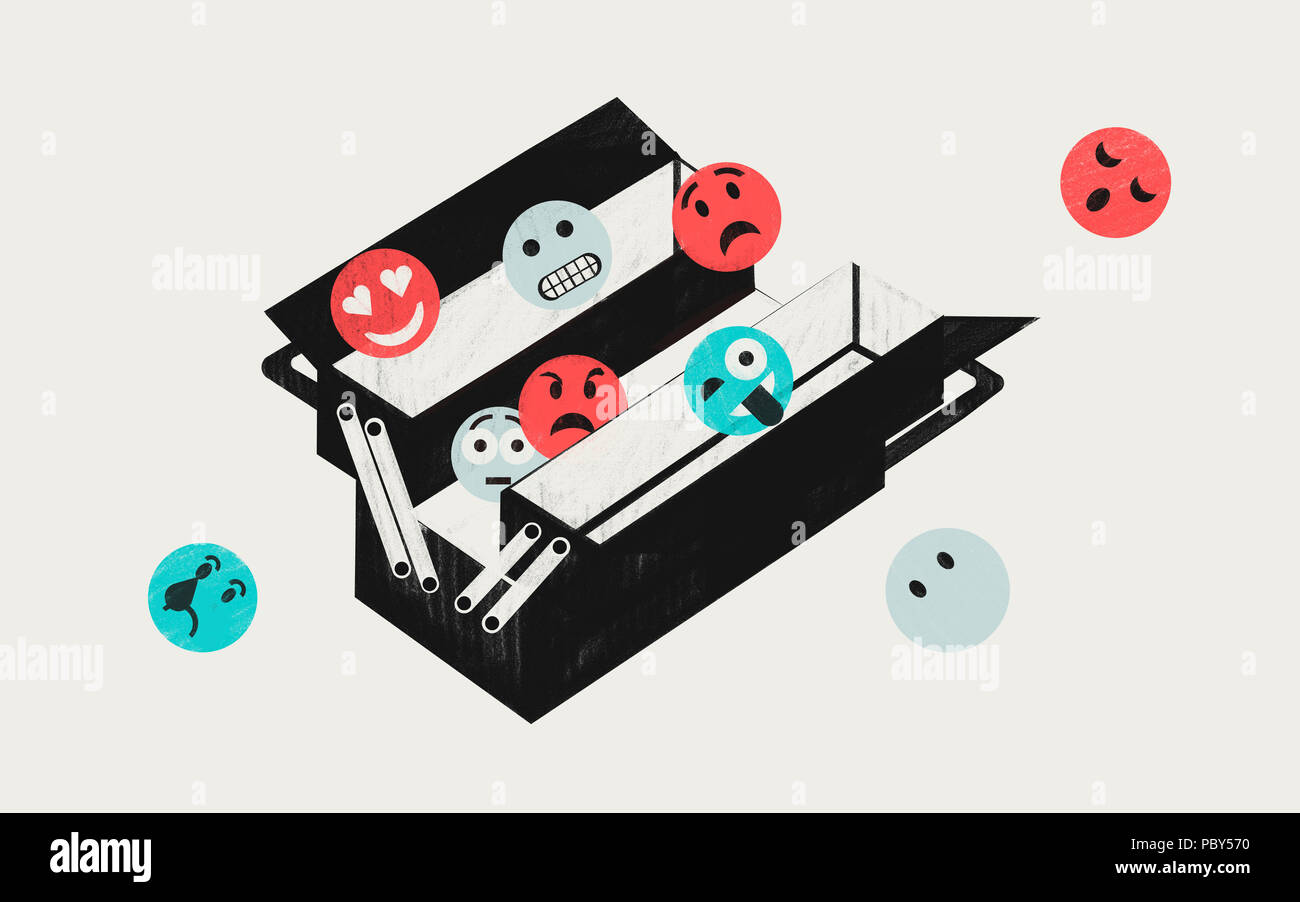 Emotionale Intelligenz EI. Persönliche Fähigkeiten. Bunte konzeptionelle Darstellung zeigt die Toolbox mit Emotionen Emoticons. Stockfoto