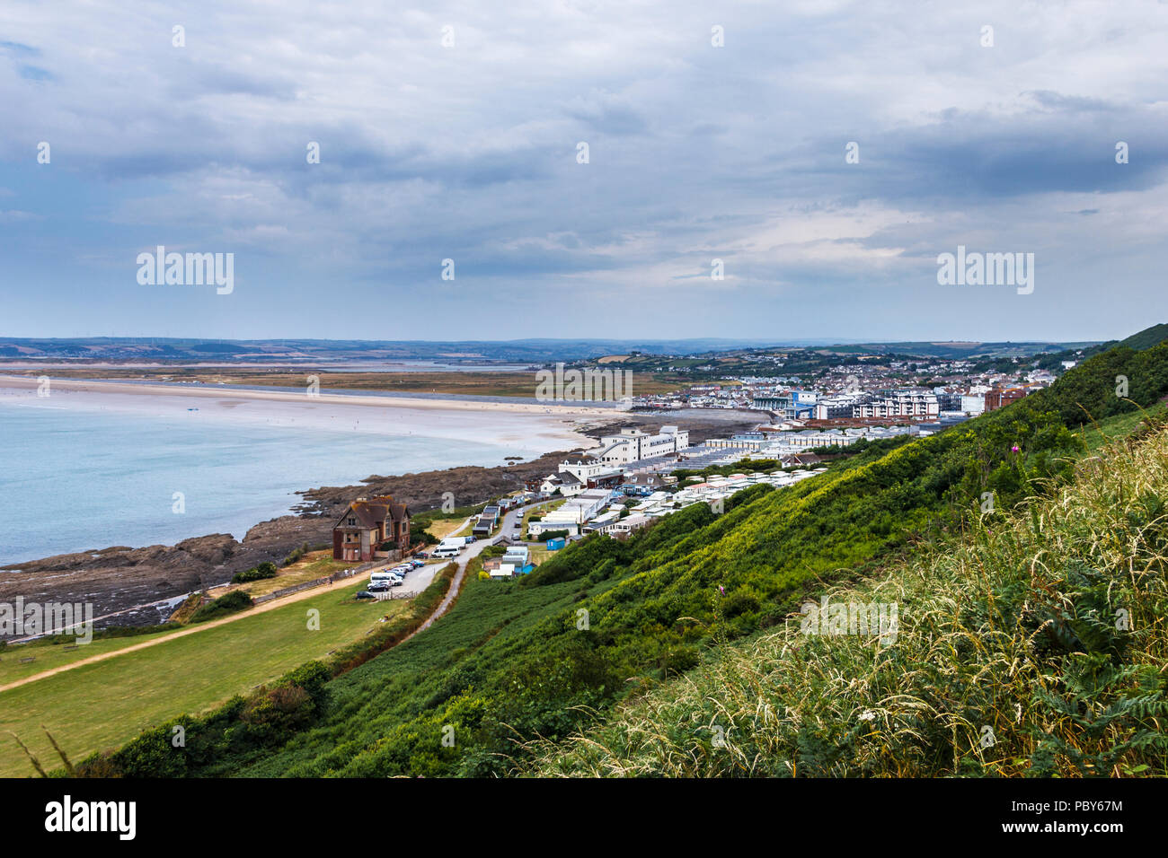 Blick über Westward Ho!, Devon, Großbritannien, von Kipling Tors Stockfoto