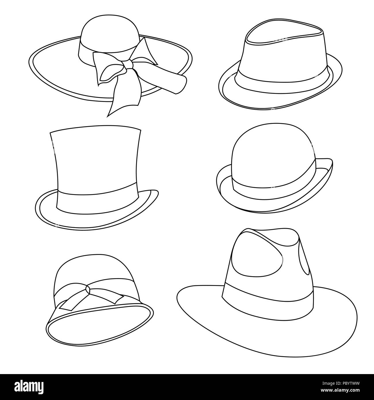Einstellen der männlichen und weiblichen Hüte von alten Modellen. Auf weiß Isoliert Stock Vektor