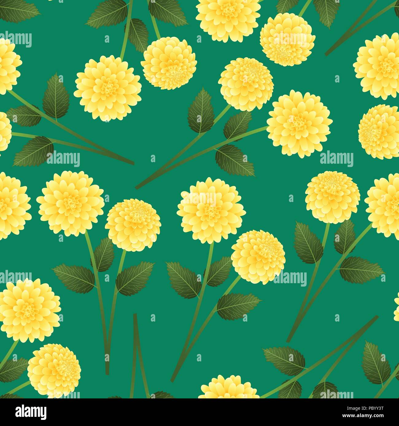 Gelbe Dahlie auf grünem Hintergrund. Mexikos nationale Blume. Vector Illustration. Stock Vektor