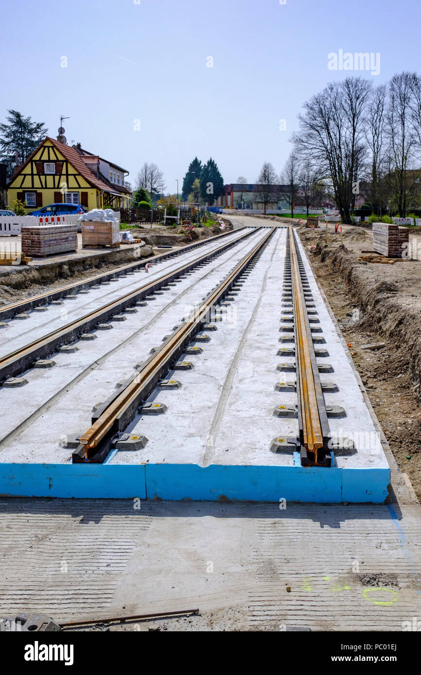 Straßburg, Tram Baustelle, Gleis, Beton Bett, Häuser, Linie E Erweiterung, Elsass, Frankreich, Europa, Stockfoto