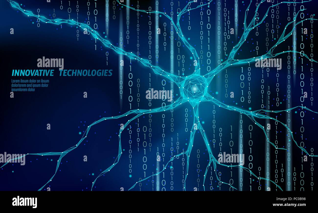 Menschliche neuron Low Poly Anatomie Konzept. Künstliche neuronale Netzwerk Technik Wissenschaft Medizin cloud computing. AI 3D abstract Biologie System. Polygonal blau leuchtende Vector Illustration Stock Vektor