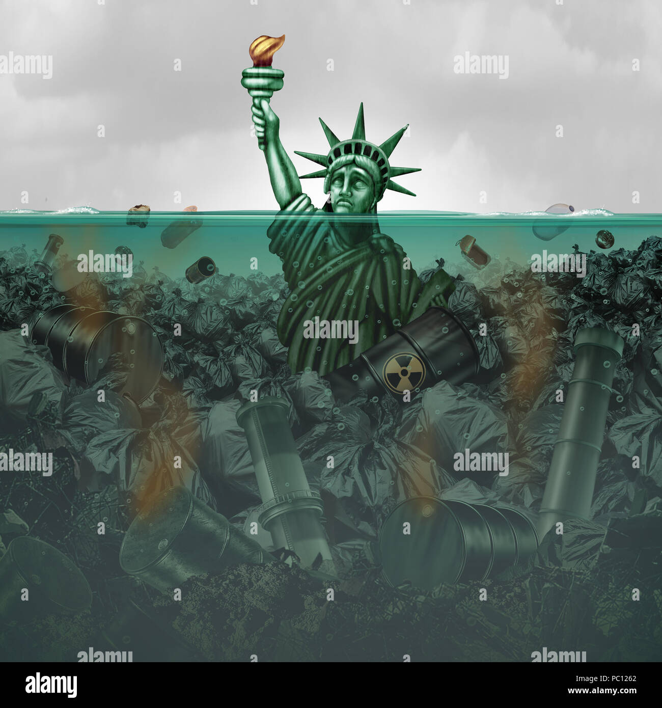 Umweltverschmutzung Krise USA und verunreinigtes Wasser in den Vereinigten Staaten als amerikanischer Statue in giftige Wasser ertrinken voll von Industrieabfällen. Stockfoto