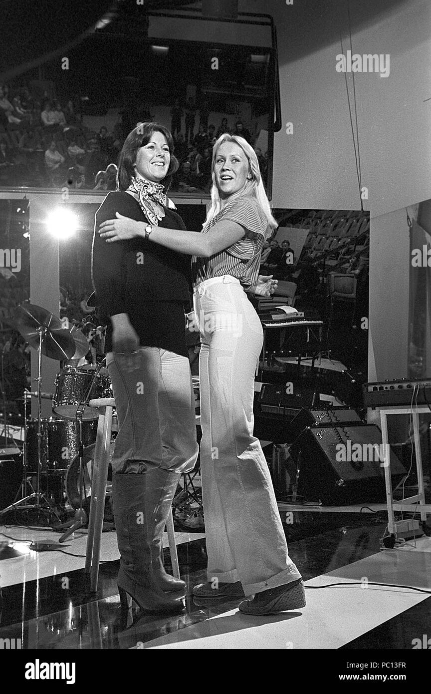 Popgruppen ABBA Björn Ulvaeus Benny Andersson Anni-Frid Lyngstad Agnetha Fältskog 1976 ABBA. Anni-Frid Lyngstad und Agnetha Fältskog 1976 Stockfoto