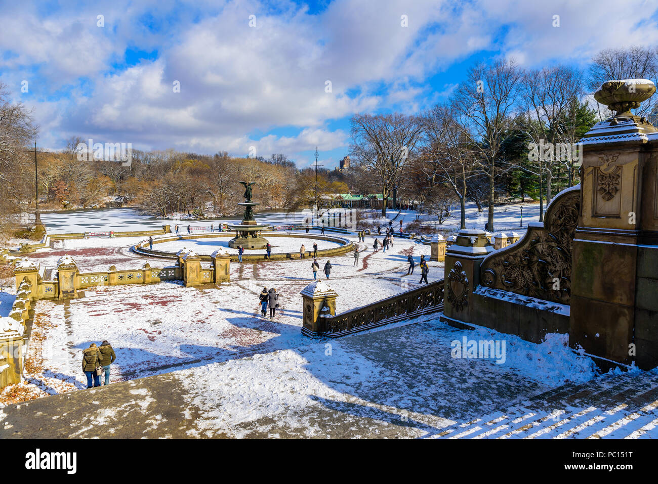 Winterlandschaft im Central Park von New York City mit Eis und Schnee, USA Stockfoto