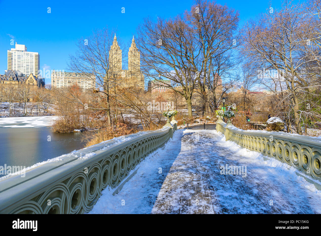 Bogen Brücke im Winter an sonnigen Tag, Central Park, Manhattan, New York City, USA Stockfoto