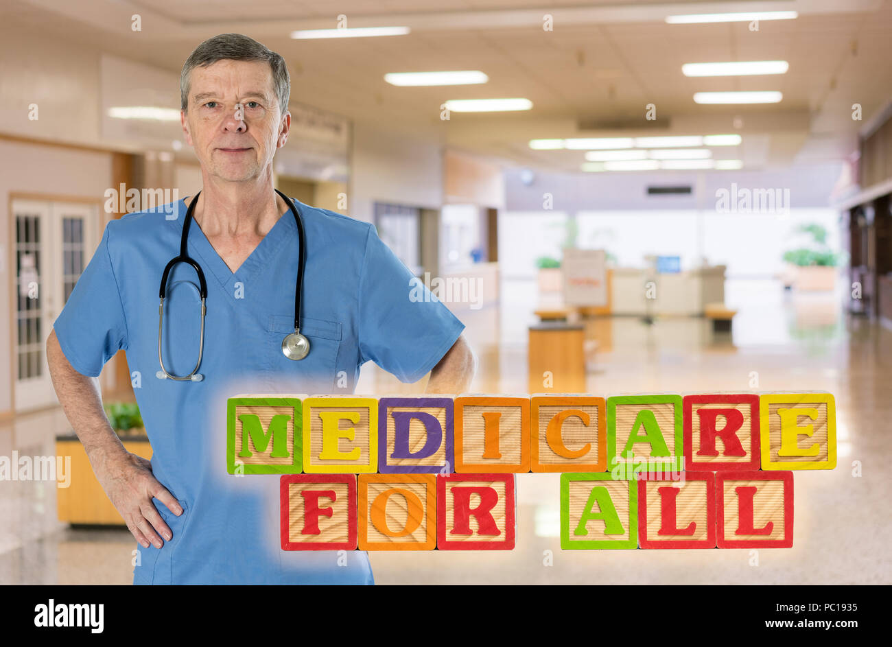 Medicare für alle Nachricht aus Holzklötzen gebaut Stockfoto