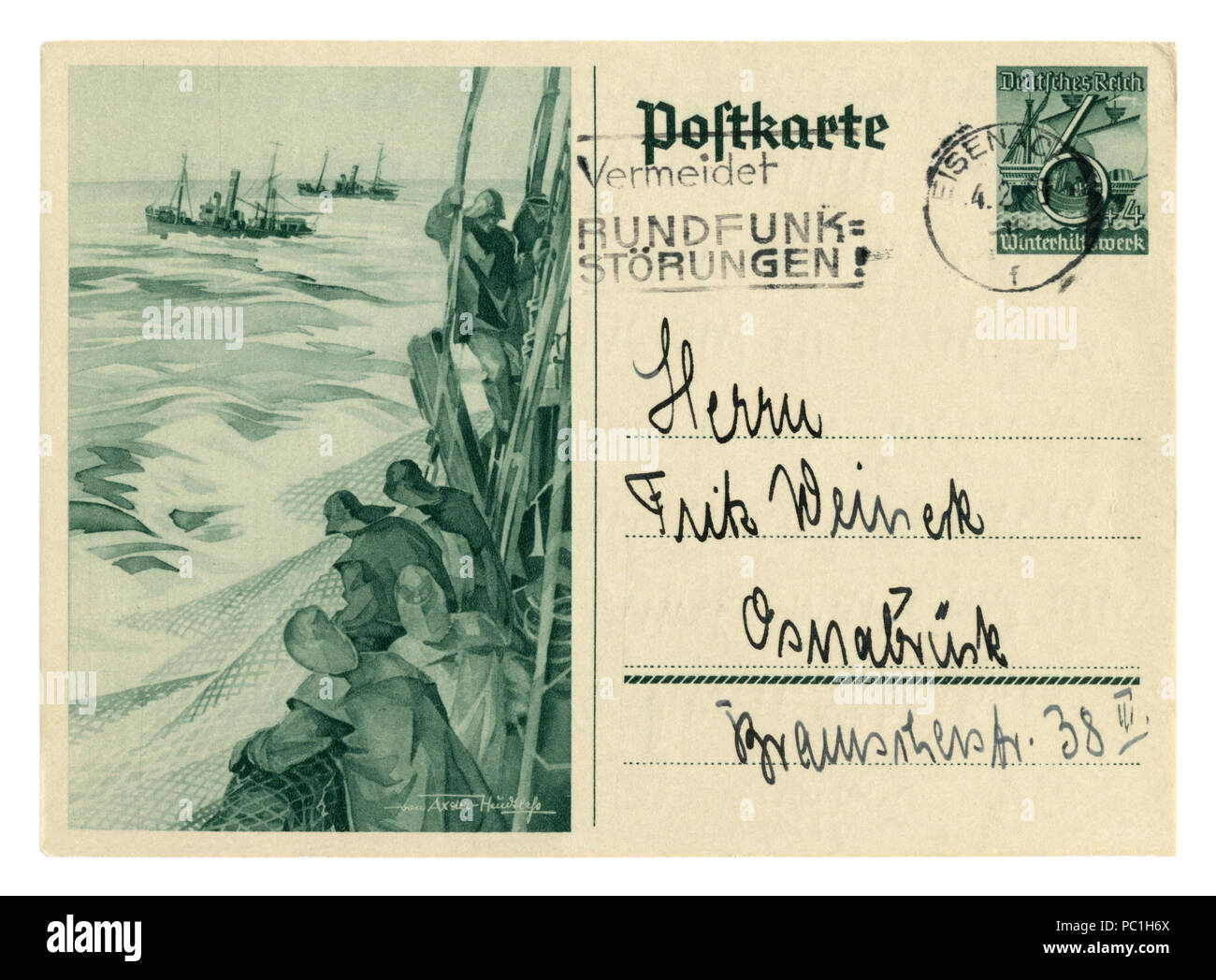 Deutsche Historische Postkarte: 'Winter Relief' Serie Hüften", Fischer auf einem Trawler Netze ins Meer werfen, Ausgabe 1937, Deutschland, Weltkrieg zwei Stockfoto