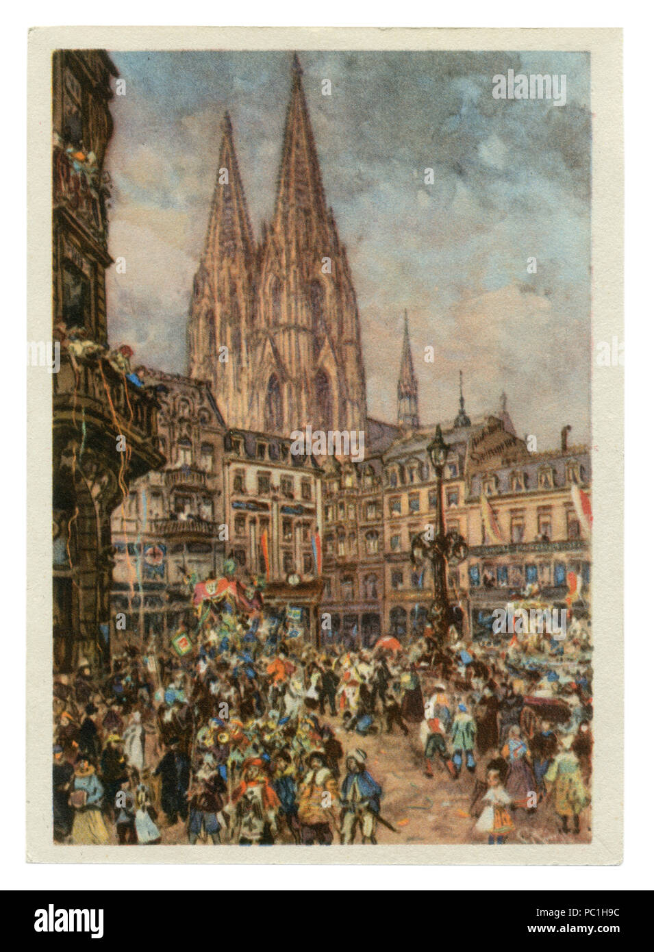Deutsche Historische Postkarte: Karneval in Köln, ein Blick auf den Platz und Wallraf-Richartz, der Kölner Dom, 20. Februar 1939. Deutschland, Drittes Reich Stockfoto