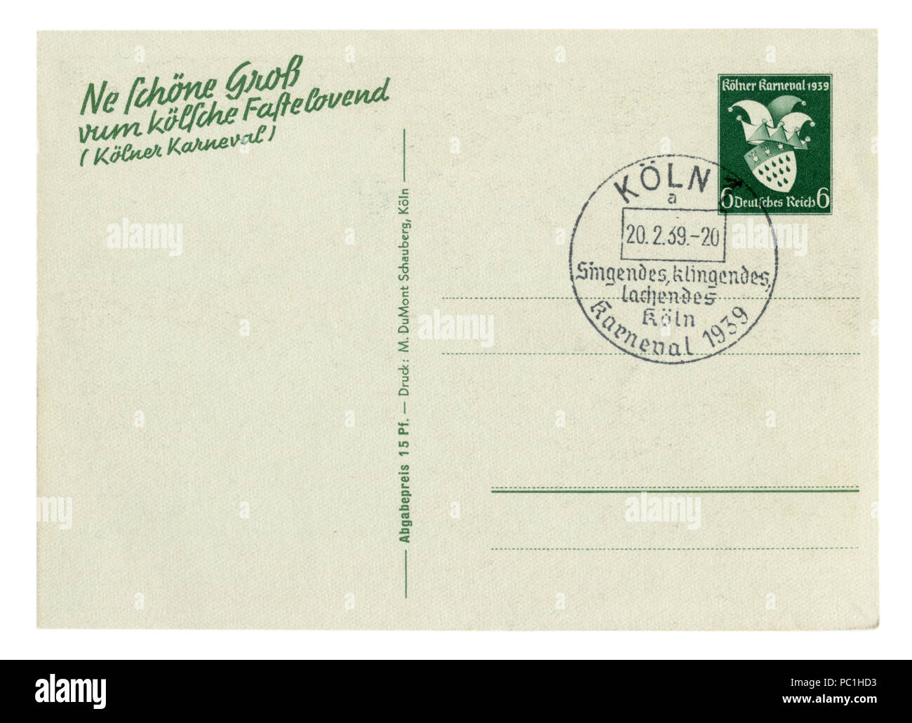 Zurück der historischen deutschen Postkarte (PC1 H9 C): Karneval in Köln, Sonderstempel 20.2.39, stationäre Briefmarke, Deutschland, Drittes Reich Stockfoto