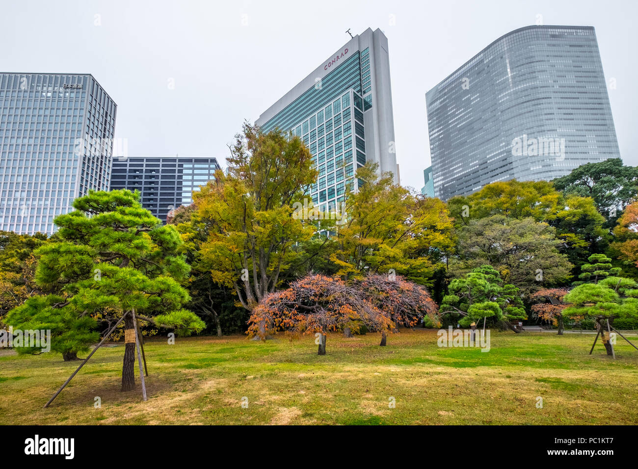 Hamarikyu (auch Hama Rikyu) Ältesten japanischen Garten und modernen Wolkenkratzern von Shiodome, Chuo Bezirk, Tokyo, Region Kanto, Insel Honshu, Japan Stockfoto