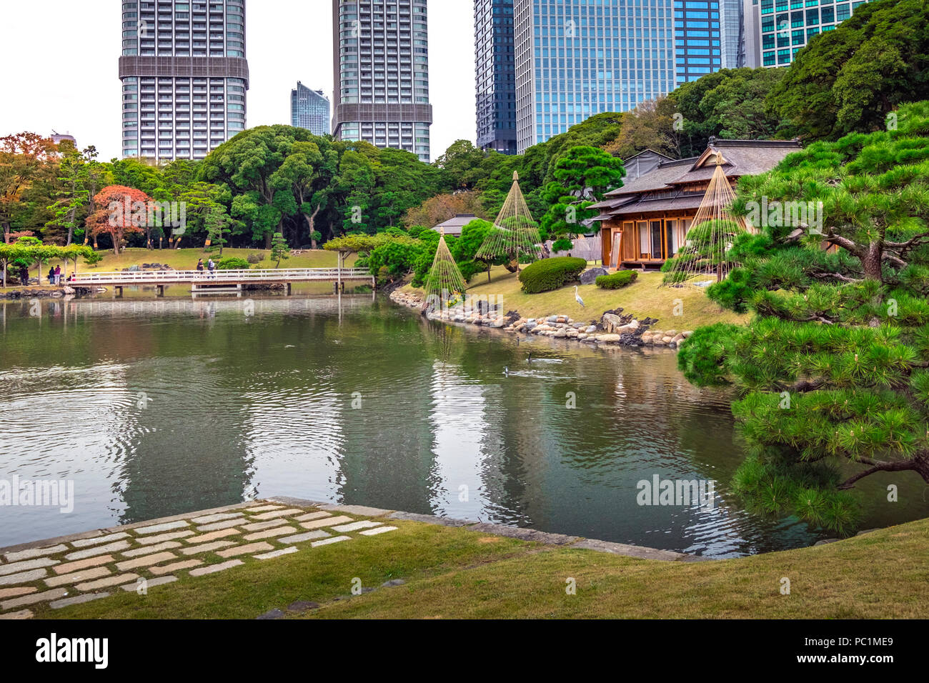 Hamarikyu (auch Hama Rikyu) Ältesten japanischen Garten und modernen Wolkenkratzern von Shiodome, Chuo Bezirk, Tokyo, Region Kanto, Insel Honshu, Japan Stockfoto