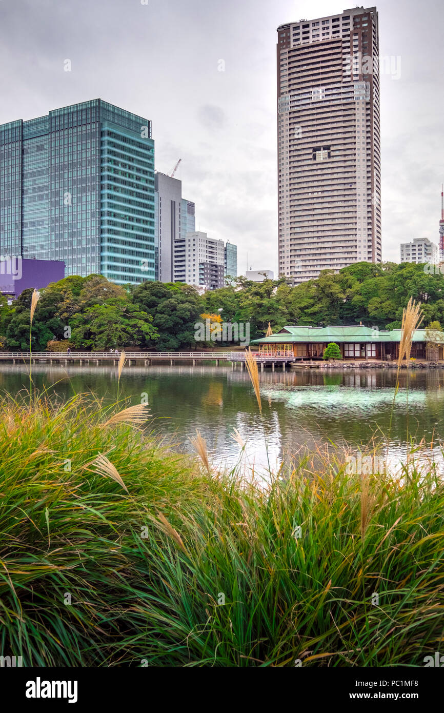 Hamarikyu (auch Hama Rikyu) Ältesten japanischen Garten und modernen Wolkenkratzern von Shiodome, Chuo Bezirk, Tokyo, Region Kanto, Insel Honshu, Japan Stockfoto