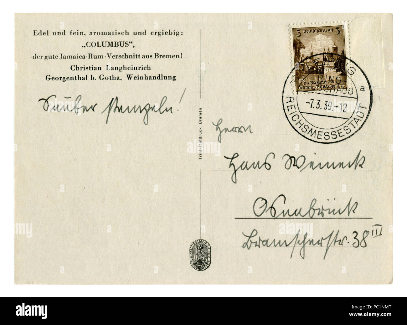 Zurück der historischen deutschen Postkarte (PC 1 HJB): Werbung Hawaiian rum 'Columbus', Stornierung 7.3.39, Briefmarke Breslau. Deutschland, Drittes Reich Stockfoto