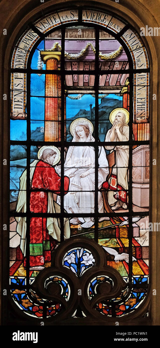 Saint Denis, zum ersten Bischof von Paris, besucht die Jungfrau im Haus des Heiligen Johannes in Ephesus, Notre Dame des Champs Kirche in Paris. Stockfoto