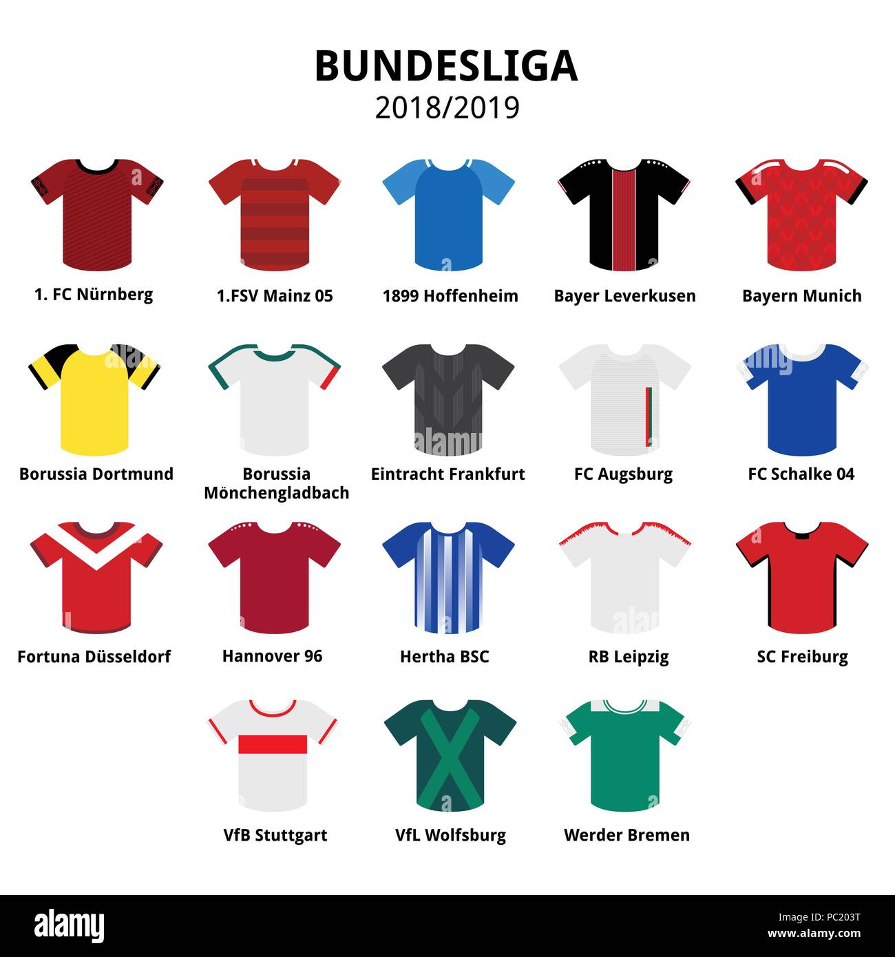 Bundesliga Trikots kit 2018 - 2019, Deutsche Fußball Liga Symbole. Fußball oder Fußball Trikots Symbole auf weißen, Sport Teams aus Deutschland isoliert Stock Vektor
