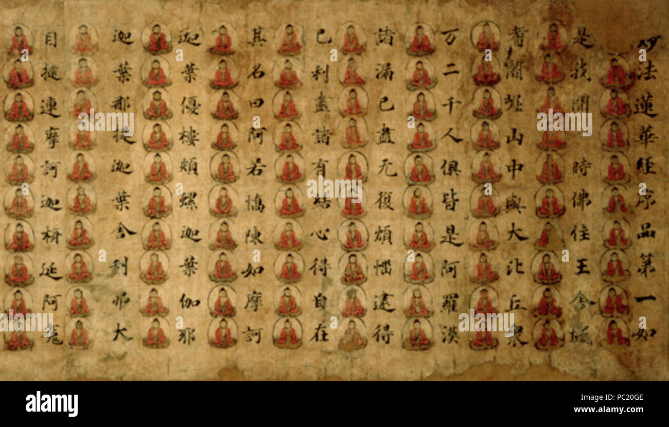 377 Lotus Sutra mit Buddhas eingerichtet Stockfoto