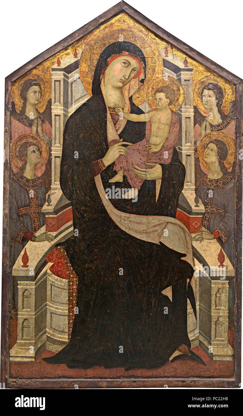 Malerei; Tempera auf Panel; Oberfläche lackiert: 230 × 141,5 cm (90 9/16 x 55 11/16 in.) Insgesamt: 240 × 150 × 2,4 cm (94 1/2 x 59 1/16 X 15/16 in.) gerahmt: 252,4 x 159,4 x 13,3 cm (99 3/8 x 62 3/4 x 5 1/4 in.); 387 Maestà (Madonna und Kind mit vier Engeln) B 18363 Stockfoto