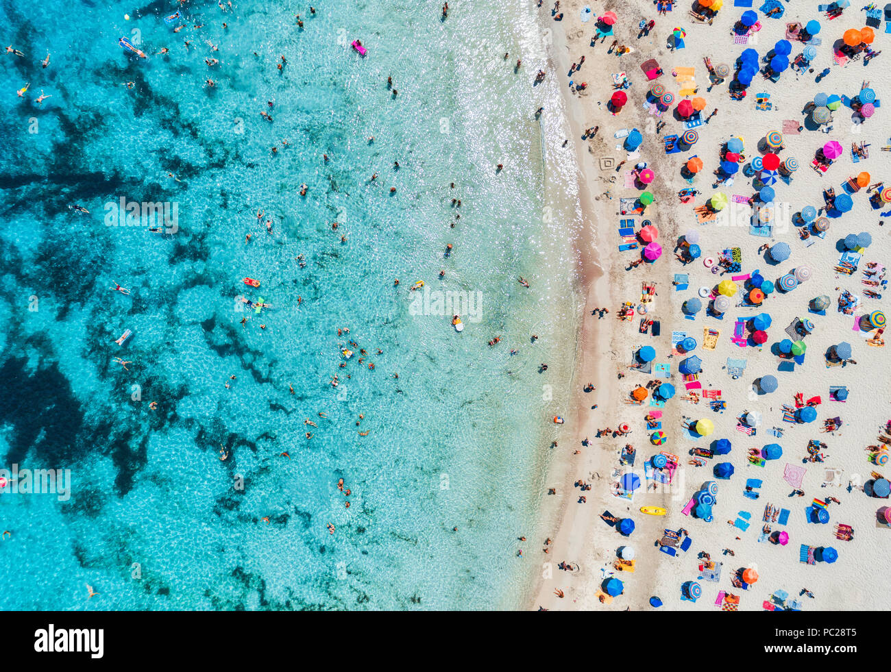 Luftaufnahme der Sandstrand mit bunten Sonnenschirmen, Schwimmen im Meer Bucht mit transparenten blauen Wasser in sonniger Tag im Sommer. Reisen in Mallorca, Stockfoto