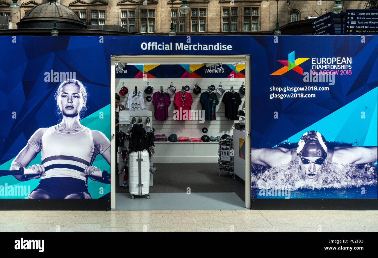 Pop-up offizielle Merchandise Shop für Glasgow 2018, Europameisterschaft in die bahnhofshalle von Glasgow Central Station Stockfoto