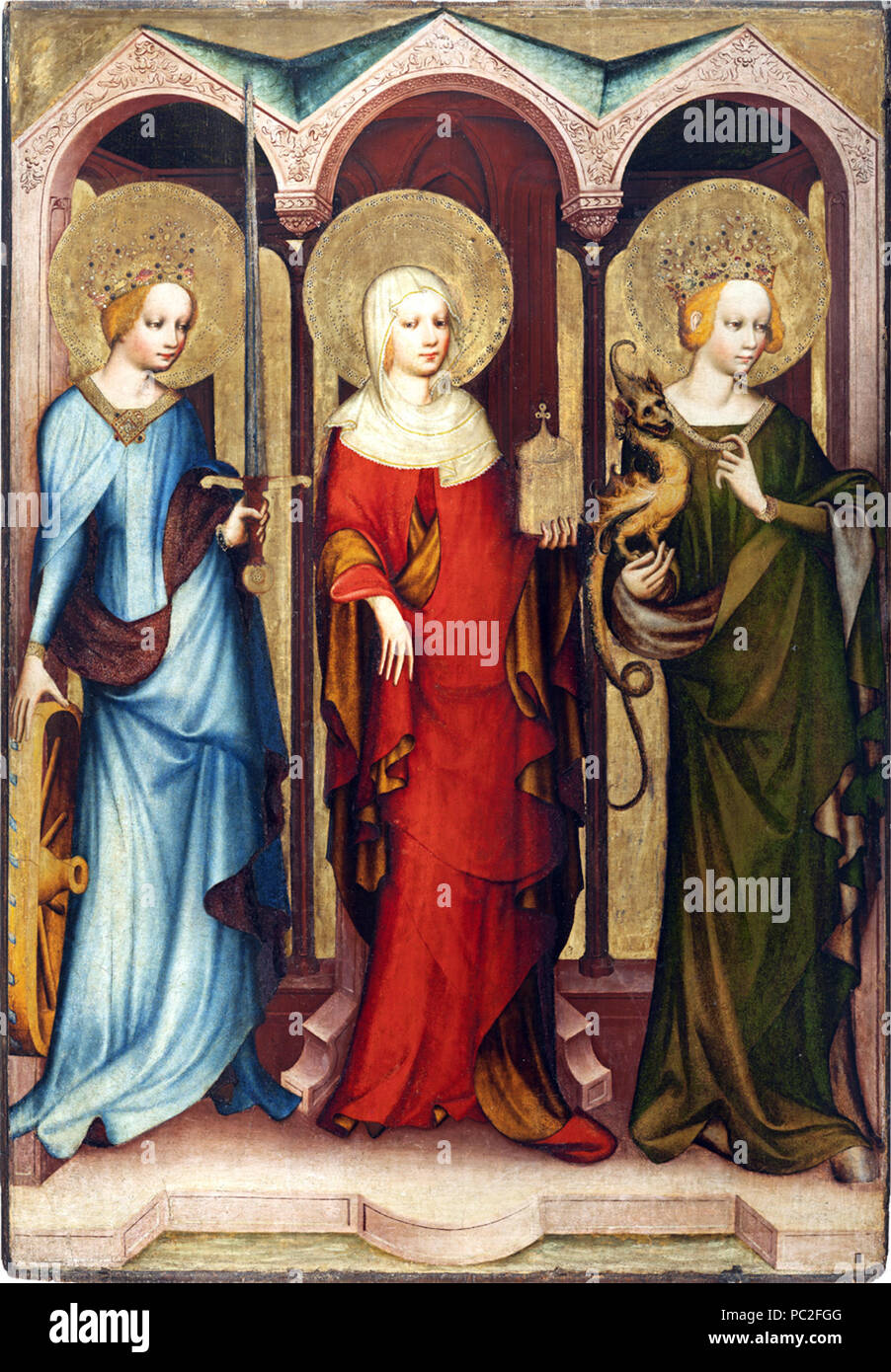 455 Oltář třeboňský, Sv. Kateřina, Sv. máří Magdalena, Sv. Markéta, Národní galerie v Praze Stockfoto