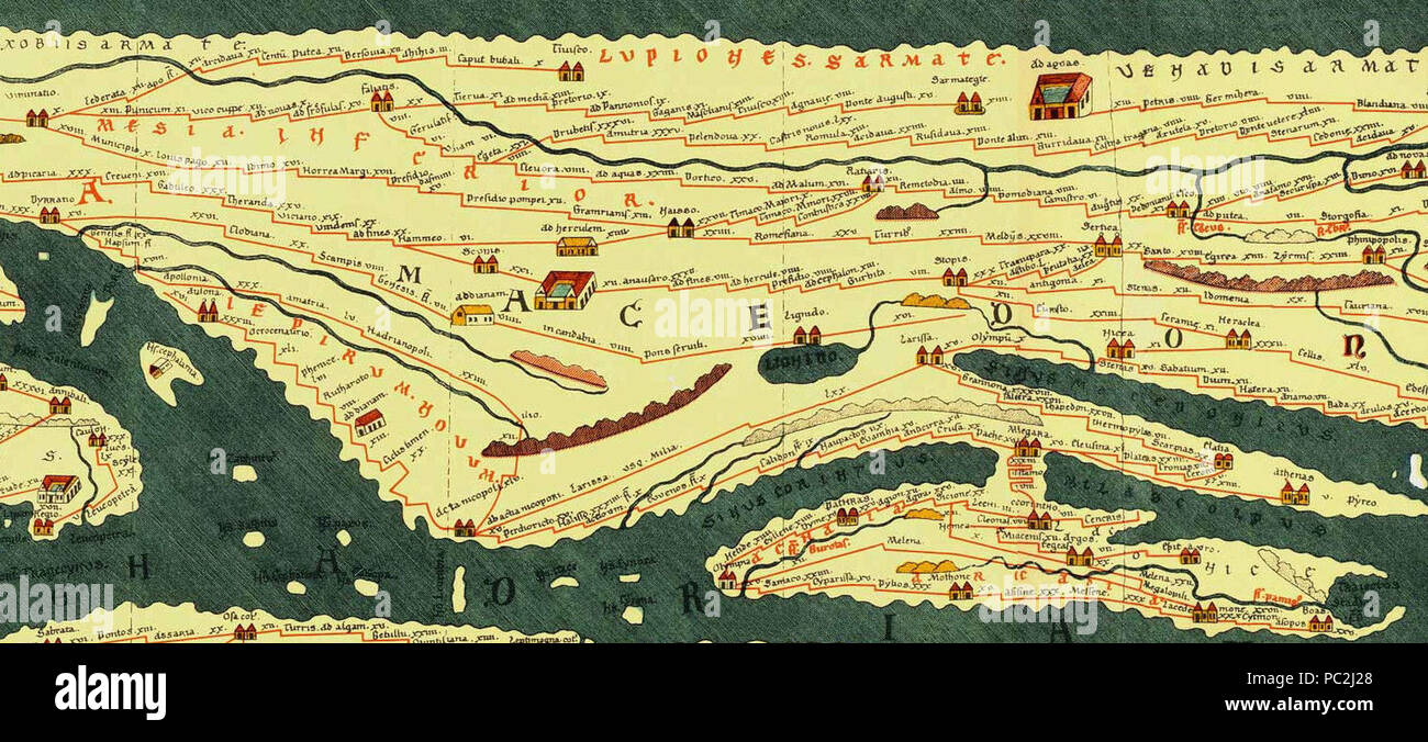 469 Teil der Tabula Peutingeriana übersicht Western Mösien unterlegen, Western Dacia und Mazedonien Stockfoto