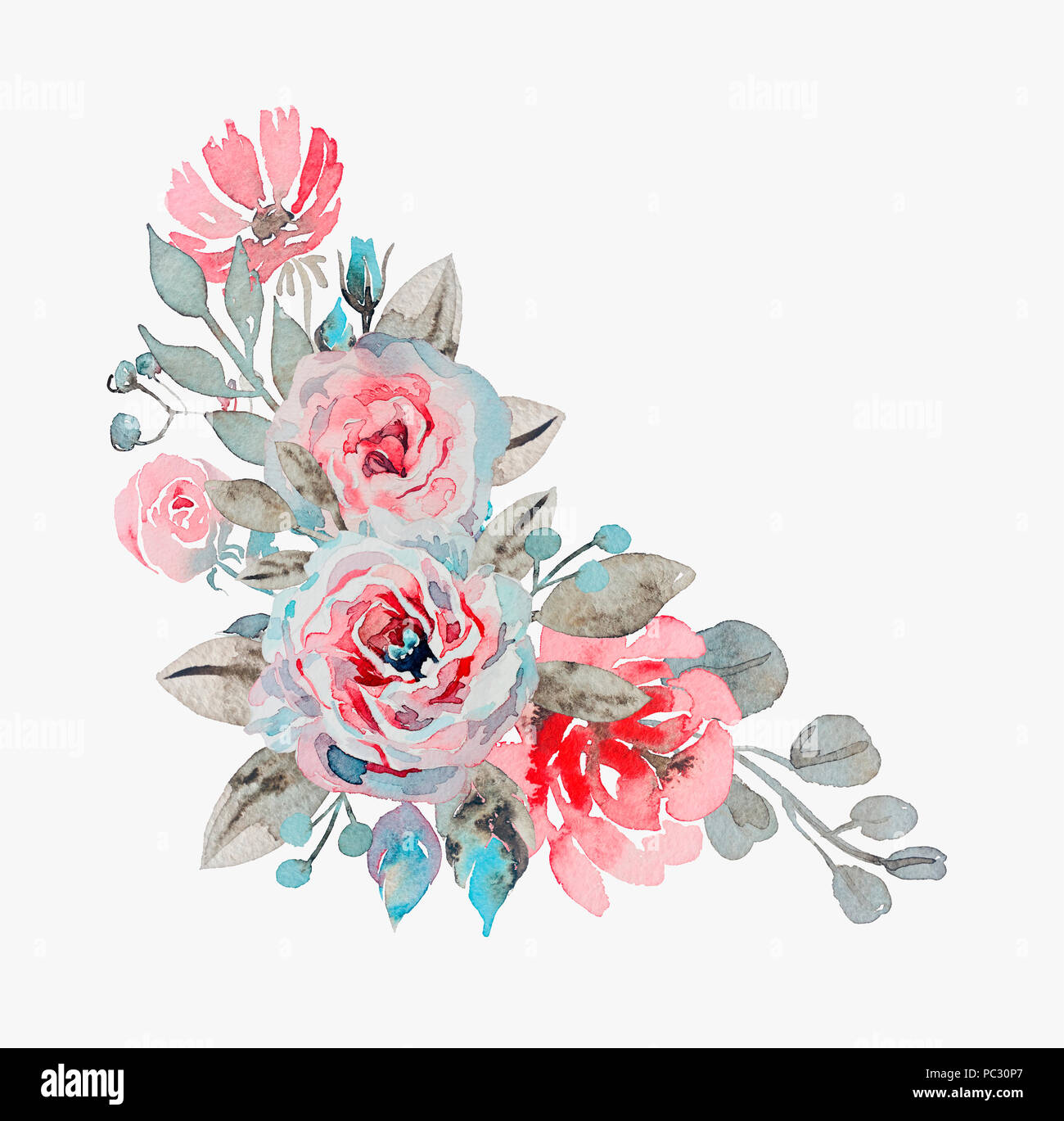 Handgefertigte aquarell Blumenstrauss - Rose, Kamille und Mohn Abbildung auf ligth grauer Hintergrund Stockfoto