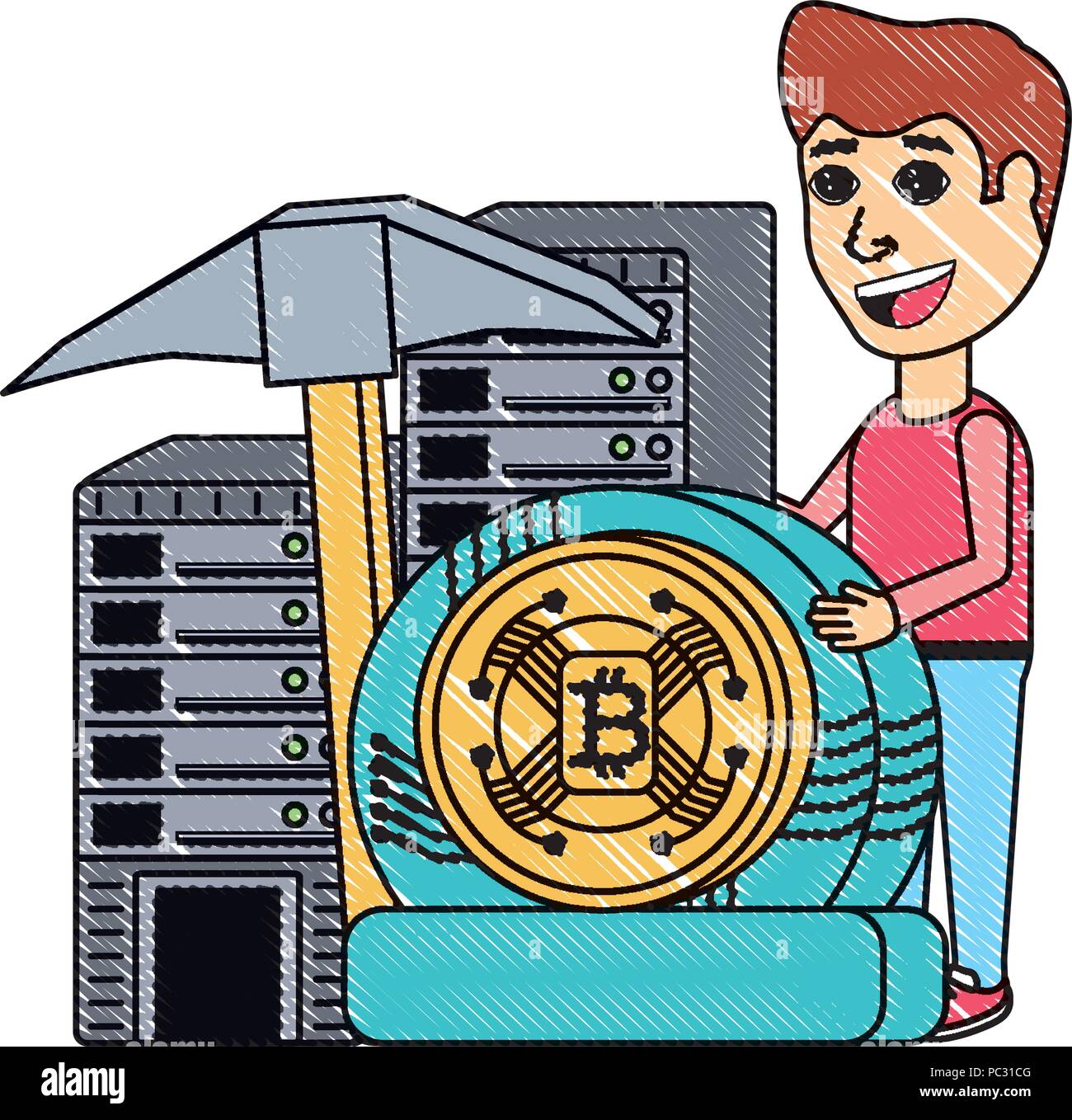 Cryptocurrency Bergbau Design mit Mann mit dataservers und cryptocoins über Hintergrund, Vector Illustration Stock Vektor