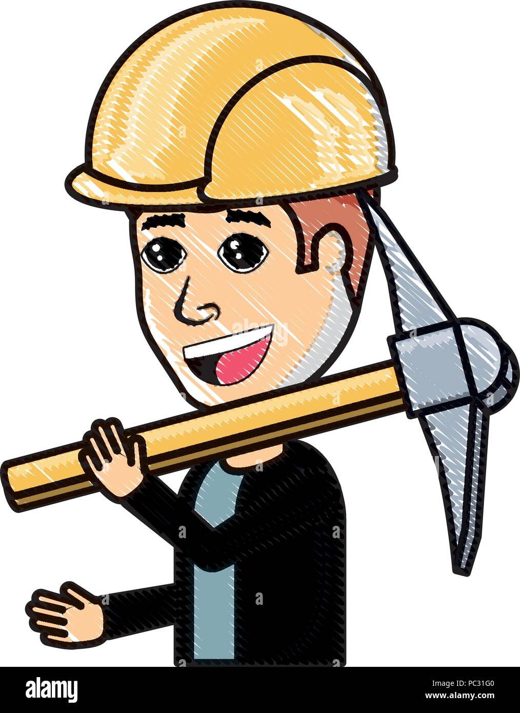 cartoon-frau-mit-helm-und-eine-spitzhacke-auf-wei-em-hintergrund