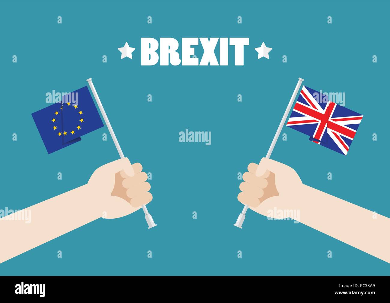 Hände, die Europäische Union und der britische Union Jack Fahnen. Vector Illustration Stock Vektor