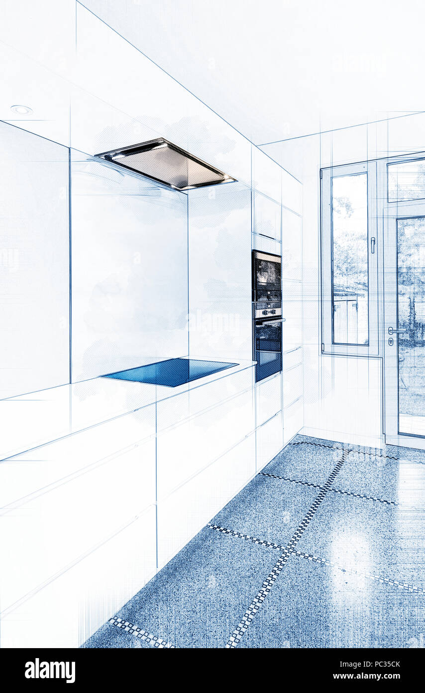 Skizze einer stilvollen, modernen Küche Interieur in der Perspektive Stockfoto