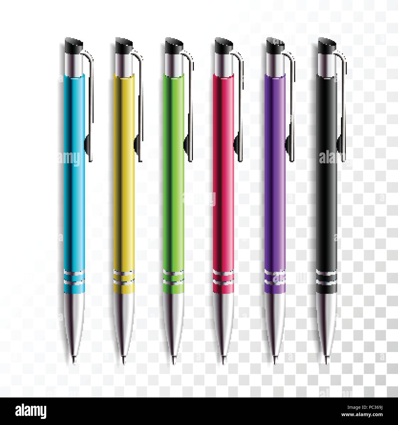 Design von realistischen Farbstift auf transparentem Hintergrund. In der Schule oder im Büro Produkte, bunte Kugelschreiber Vector Illustration. Stock Vektor