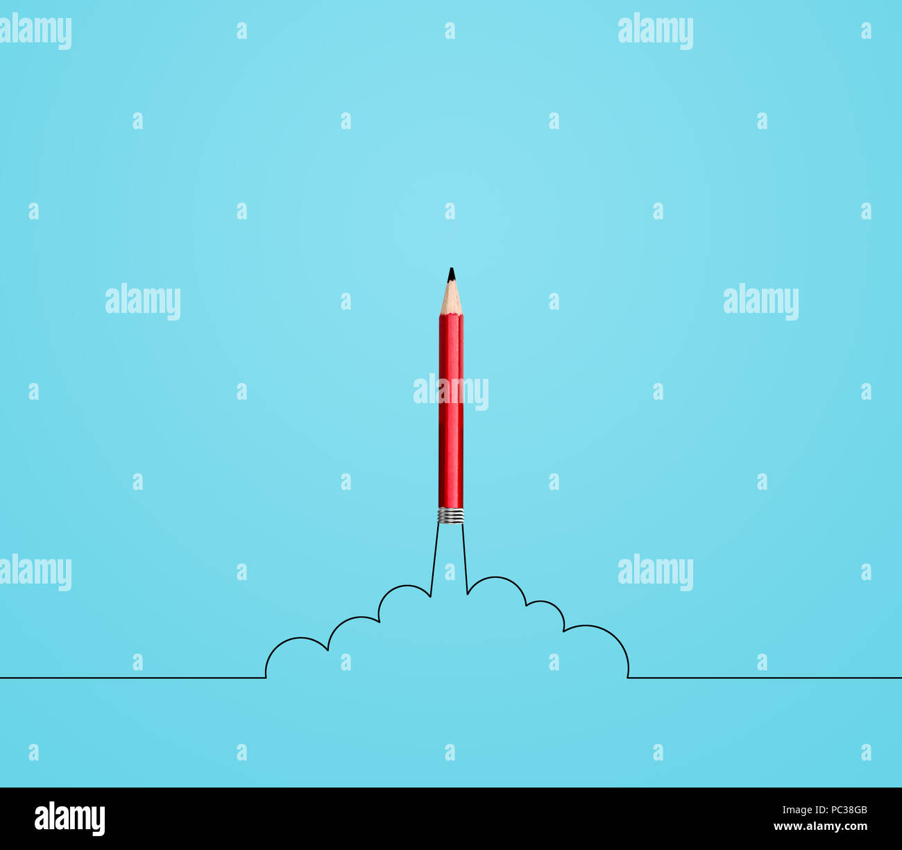 Bleistift Rakete mit Rauch, Idee und Innovation Stockfoto
