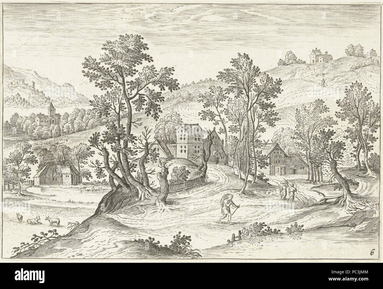 Adriaen Collaert, Jakob Grimmer - Landschaft mit Wanderern. Stockfoto