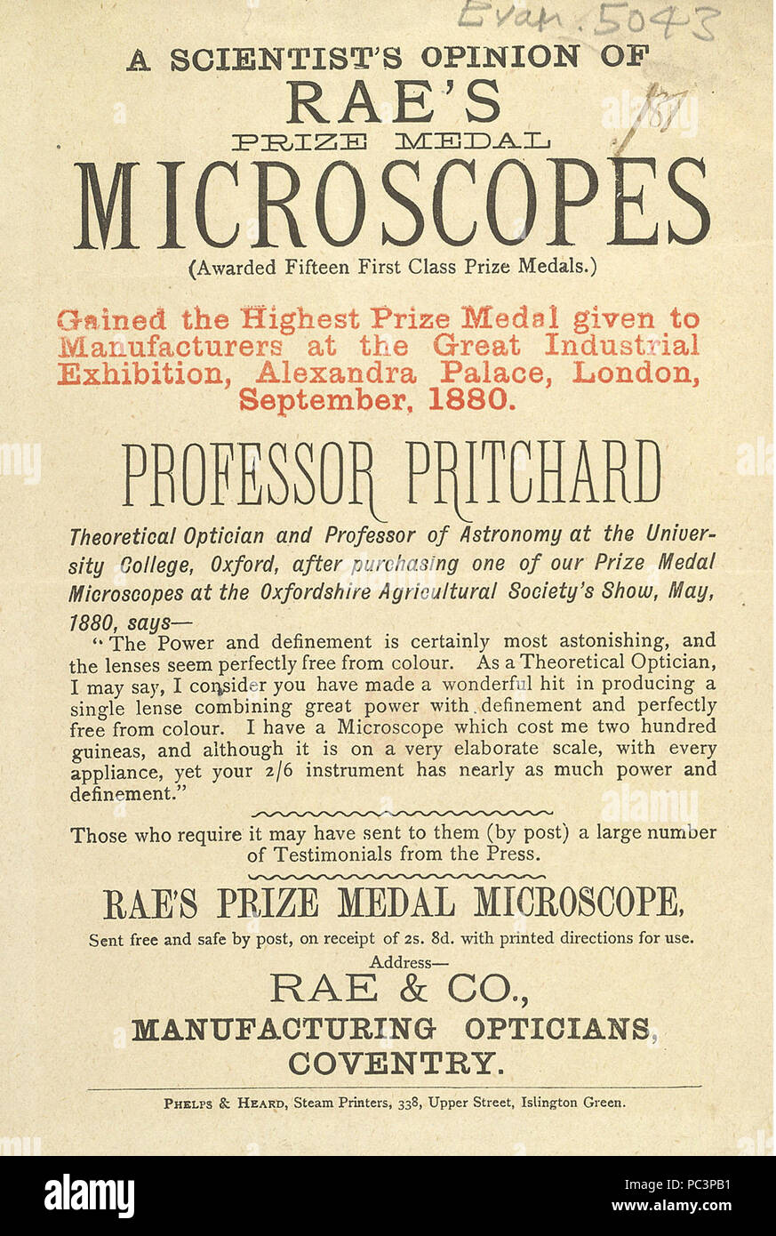 Anzeige für Rae's Mikroskope, 1880. Stockfoto