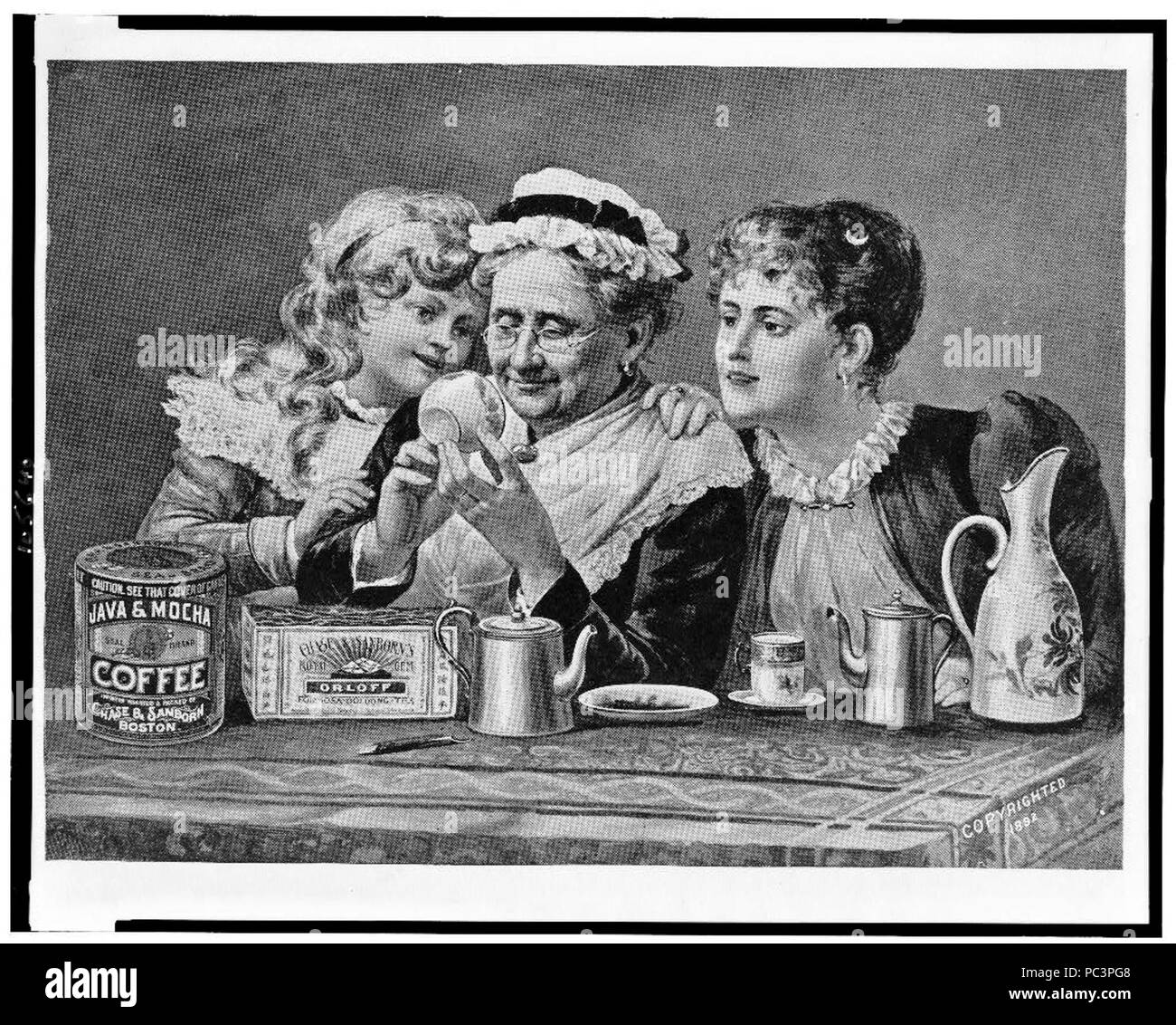Werbung label für Chase & Sanborn's Kaffee und Tee, zwei Frauen und ein Mädchen in Schale suchen, können Kaffee, Tee, und Töpfe auf dem Tisch Stockfoto