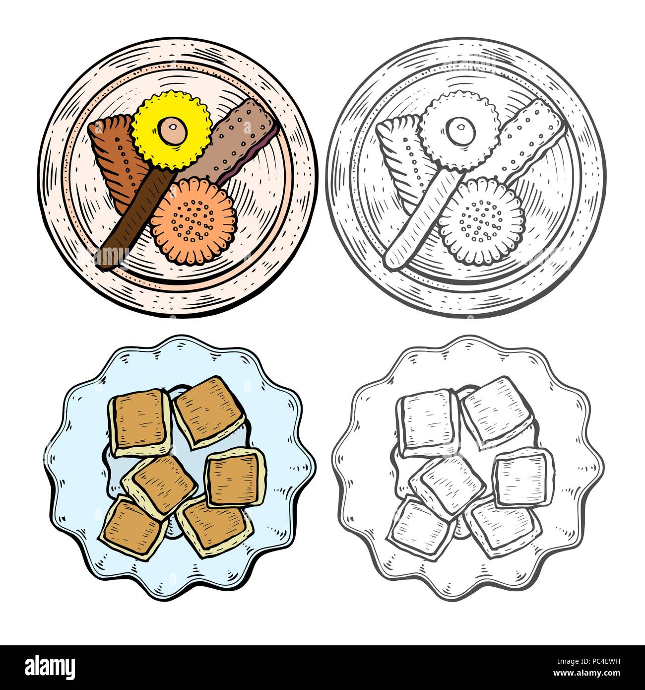 Hand gezeichnet. Orientalische Süßigkeiten Vector Illustration. Middle Eastern Food. Essen Menü Hintergrund. Ansicht von oben. Farbenfrohes Design vorlage. Stock Vektor